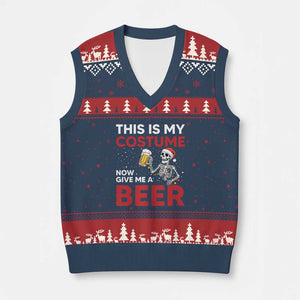 Funny Skeleton Beer Xmas V-Neck Knit Sweater Vest This Is My Costume Now Give Me A Beer TS14 Navy Red Print Your Wear