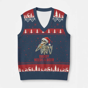 Funny Skeleton Beer Xmas V-Neck Knit Sweater Vest Daddy Needs A Beer TS14 Navy Red Print Your Wear