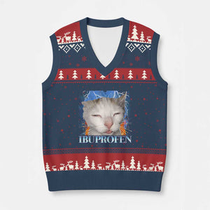 Funny Cat Meme V-Neck Knit Sweater Vest Ibuprofen Silly Kitten TS14 Navy Red Print Your Wear
