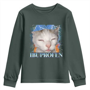 Funny Cat Meme Youth Sweatshirt Ibuprofen Silly Kitten TS14 Dark Forest Green Print Your Wear