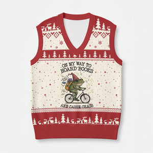 Funny Frog Meme V-Neck Knit Sweater Vest On My Way to Hoard Books and Cause Chaos TS14 Beige Red Print Your Wear