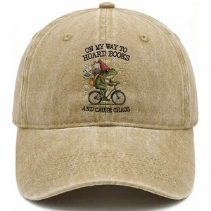 Funny Frog Meme Washed Cotton Baseball Cap On My Way to Hoard Books and Cause Chaos TS14 Washed Cap Universal Fit Khaki Print Your Wear