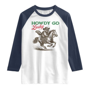 Howdy Go Lucky Raglan Shirt Cowboy Raccoon St Patrick's Day TS14 White Navy Print Your Wear