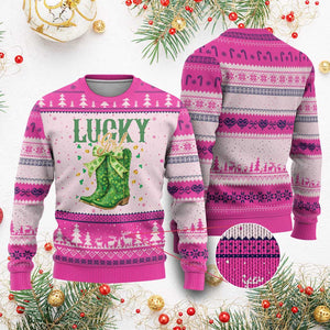 Cowboy St Patrick's Day Ugly Christmas Sweater Lucky Girl Boots TS14 Hot Pink Print Your Wear