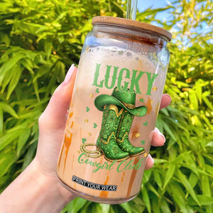 Lucky Cowgirl Club Glass Can Western Irish Cowboy St Patrick Day TS14 Black Print Your Wear