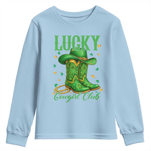 Lucky Cowgirl Club Youth Sweatshirt Western Irish Cowboy St Patrick Day TS14 Light Blue Print Your Wear