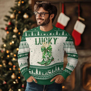 Lucky Cowgirl Ugly Christmas Sweater Western Irish Cowboy St Patrick Day TS14 Beige Green Print Your Wear