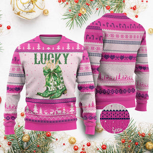 Lucky Cowgirl Ugly Christmas Sweater Western Irish Cowboy St Patrick Day TS14 Hot Pink Print Your Wear