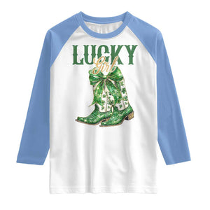 Lucky Cowgirl Raglan Shirt Western Irish Cowboy St Patrick Day TS14 White Carolina Blue Print Your Wear