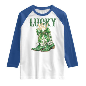 Lucky Cowgirl Raglan Shirt Western Irish Cowboy St Patrick Day TS14 White Royal Print Your Wear