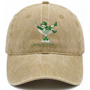 Drink Well With Others Washed Cotton Baseball Cap Funny Leprechaun Drinking Green Beer Shamrock TS14 Washed Cap Universal Fit Khaki Print Your Wear