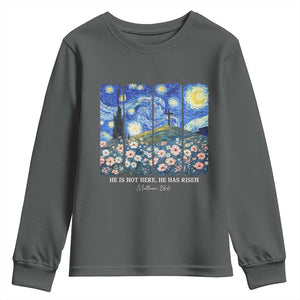 He is Risen Youth Sweatshirt Christian Easter Starry Night Van Gogh TS14 Dark Heather Print Your Wear