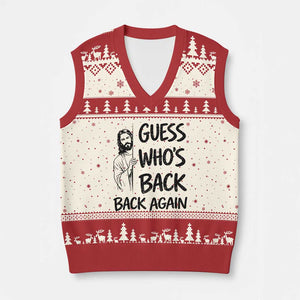 Funny Easter Jesus V-Neck Knit Sweater Vest Guess Who's Back Back Again TS14 Beige Red Print Your Wear