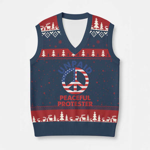 Unpaid Peaceful Protester V-Neck Knit Sweater Vest Peace Sign Patriotic US Flag Political Protest TS14 Navy Red Print Your Wear