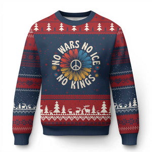 No Kings No ICE No Wars Ugly Christmas Sweater Peace Sign Sunflower Anti War Freedom Activist TS14 Navy Red Print Your Wear