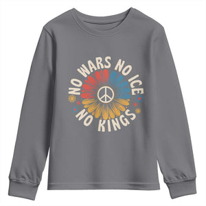 No Kings No ICE No Wars Youth Sweatshirt Peace Sign Sunflower Anti War Freedom Activist TS14 Charcoal Print Your Wear