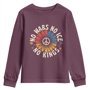 No Kings No ICE No Wars Youth Sweatshirt Peace Sign Sunflower Anti War Freedom Activist TS14 Maroon Print Your Wear