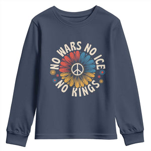 No Kings No ICE No Wars Youth Sweatshirt Peace Sign Sunflower Anti War Freedom Activist TS14 Navy Print Your Wear