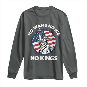 No Kings No ICE No Wars Long Sleeve Shirt Statue of Liberty US Flag Anti War Freedom Activist TS14 Dark Heather Print Your Wear