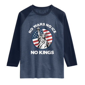 No Kings No ICE No Wars Raglan Shirt Statue of Liberty US Flag Anti War Freedom Activist TS14 Heather Denim Navy Print Your Wear