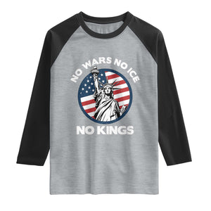 No Kings No ICE No Wars Raglan Shirt Statue of Liberty US Flag Anti War Freedom Activist TS14 Heather Gray Black Print Your Wear