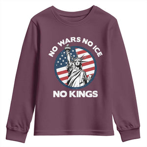 No Kings No ICE No Wars Youth Sweatshirt Statue of Liberty US Flag Anti War Freedom Activist TS14 Maroon Print Your Wear