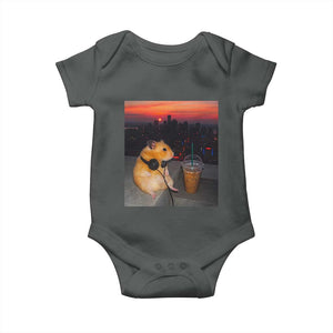 Hamster Drinking Iced Coffee Baby Onesie Funny Animal Chill City Sunset Headphones TS14 Dark Heather Print Your Wear