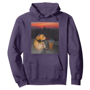 Hamster Drinking Iced Coffee Hoodie Funny Animal Chill City Sunset Headphones TS14 Purple Print Your Wear