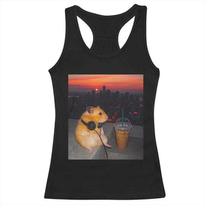 Hamster Drinking Iced Coffee Racerback Tank Top Funny Animal Chill City Sunset Headphones TS14 Black Print Your Wear