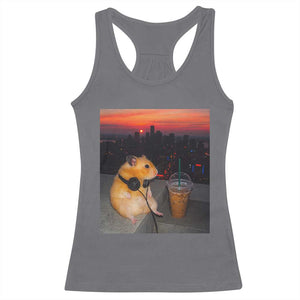Hamster Drinking Iced Coffee Racerback Tank Top Funny Animal Chill City Sunset Headphones TS14 Charcoal Print Your Wear