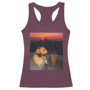 Hamster Drinking Iced Coffee Racerback Tank Top Funny Animal Chill City Sunset Headphones TS14 Maroon Print Your Wear