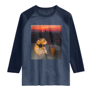 Hamster Drinking Iced Coffee Raglan Shirt Funny Animal Chill City Sunset Headphones TS14 Heather Denim Navy Print Your Wear