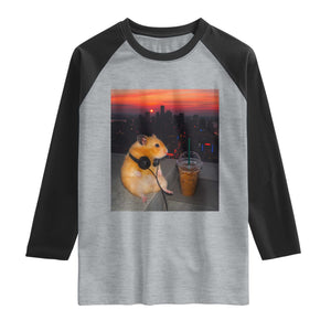 Hamster Drinking Iced Coffee Raglan Shirt Funny Animal Chill City Sunset Headphones TS14 Heather Gray Black Print Your Wear