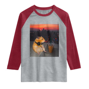 Hamster Drinking Iced Coffee Raglan Shirt Funny Animal Chill City Sunset Headphones TS14 Heather Gray Heather Red Print Your Wear