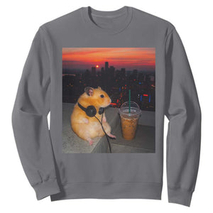 Hamster Drinking Iced Coffee Sweatshirt Funny Animal Chill City Sunset Headphones TS14 Charcoal Print Your Wear