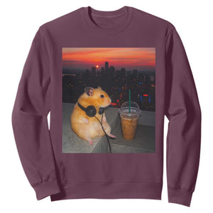 Hamster Drinking Iced Coffee Sweatshirt Funny Animal Chill City Sunset Headphones TS14 Maroon Print Your Wear