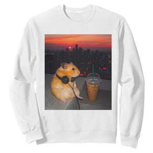 Hamster Drinking Iced Coffee Sweatshirt Funny Animal Chill City Sunset Headphones TS14 White Print Your Wear