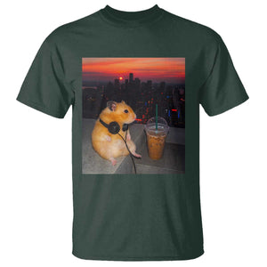 Hamster Drinking Iced Coffee T Shirt Funny Animal Chill City Sunset Headphones TS14 Dark Forest Green Print Your Wear