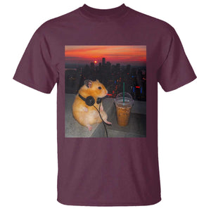 Hamster Drinking Iced Coffee T Shirt Funny Animal Chill City Sunset Headphones TS14 Maroon Print Your Wear