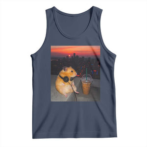 Hamster Drinking Iced Coffee Tank Top Funny Animal Chill City Sunset Headphones TS14 Navy Print Your Wear