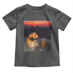Hamster Drinking Iced Coffee Toddler T Shirt Funny Animal Chill City Sunset Headphones TS14 Dark Heather Print Your Wear