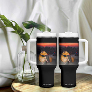 Hamster Drinking Iced Coffee Tumbler With Handle Funny Animal Chill City Sunset Headphones TS14 Print Your Wear