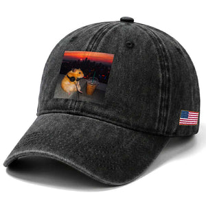 Hamster Drinking Iced Coffee Washed Cotton Baseball Cap Funny Animal Chill City Sunset Headphones TS14 Print Your Wear
