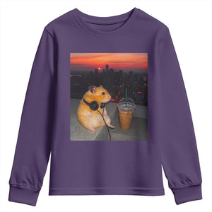 Hamster Drinking Iced Coffee Youth Sweatshirt Funny Animal Chill City Sunset Headphones TS14 Purple Print Your Wear
