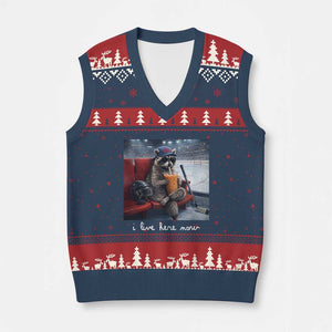 Hockey Mom Raccoon Iced Coffee V-Neck Knit Sweater Vest I Live Here Now TS14 Navy Red Print Your Wear