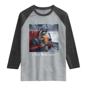 Hockey Mom Raccoon Iced Coffee Raglan Shirt I Live Here Now TS14 Heather Gray Heather Charcoal Print Your Wear