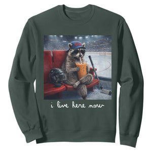 Hockey Mom Raccoon Iced Coffee Sweatshirt I Live Here Now TS14 Dark Forest Green Print Your Wear