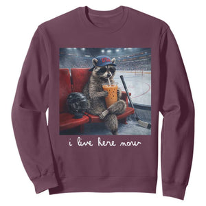 Hockey Mom Raccoon Iced Coffee Sweatshirt I Live Here Now TS14 Maroon Print Your Wear