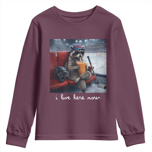 Hockey Mom Raccoon Iced Coffee Youth Sweatshirt I Live Here Now TS14 Maroon Print Your Wear