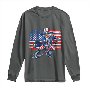 Uncle Sam Hockey Player 4th of July American Flag Long Sleeve Shirt TS14 Dark Heather Print Your Wear